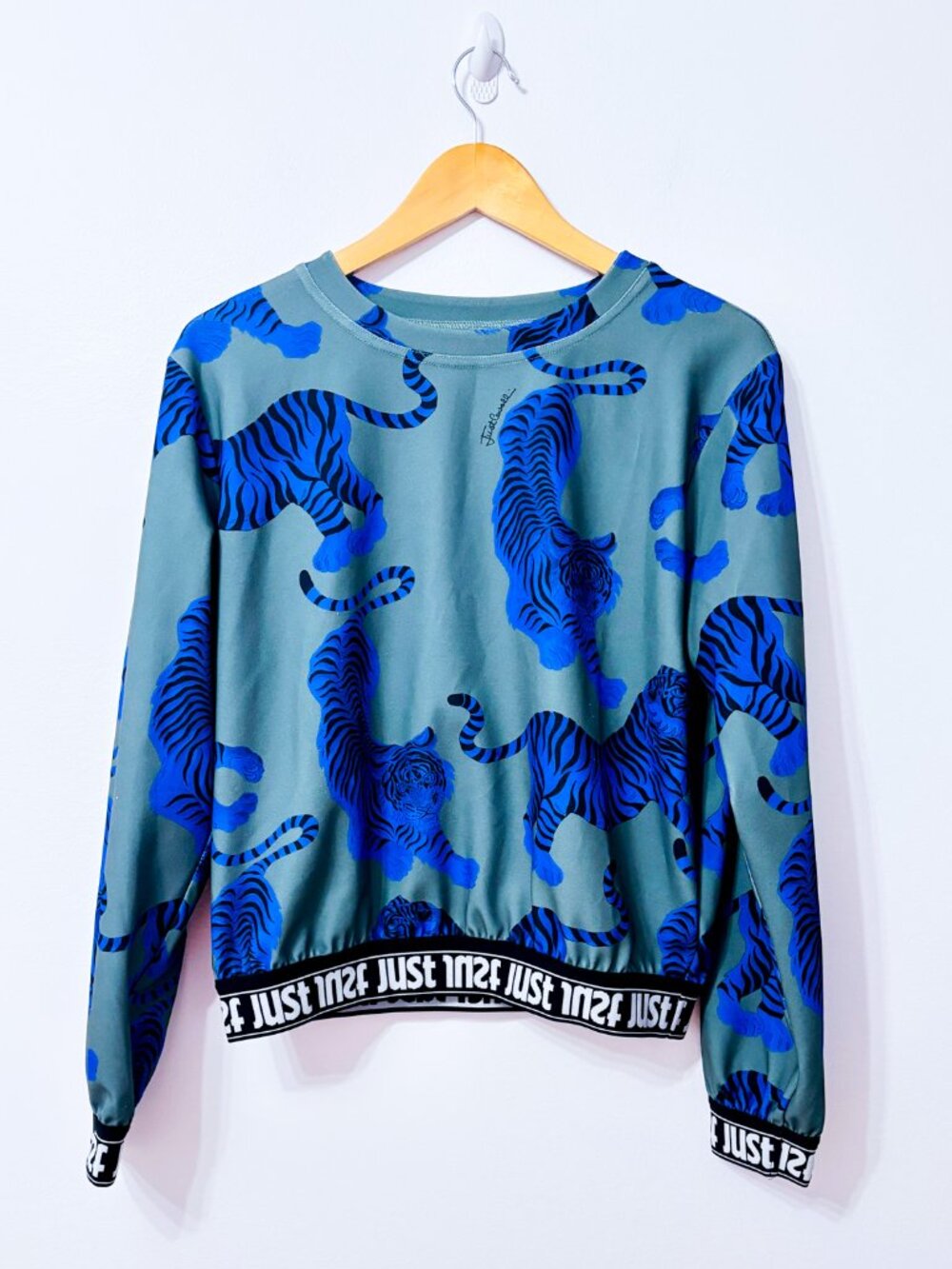 JUST CAVALLI Green Blue Tiger Print Crewneck Sweatshirt Logo Trim Small